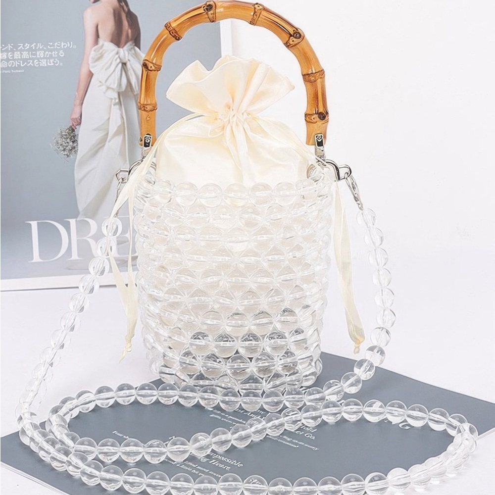 Bamboo Handle Transparent Bead Chic Tote Bag